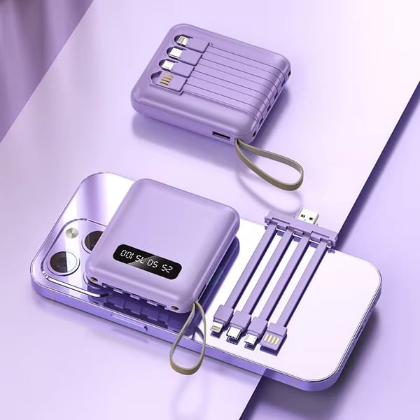 5000mAh Mini Power Bank med Innebygde Kabler | + Innebygd Lommelykt