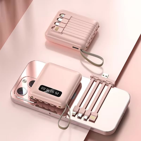 5000mAh Mini Power Bank med Innebygde Kabler | + Innebygd Lommelykt