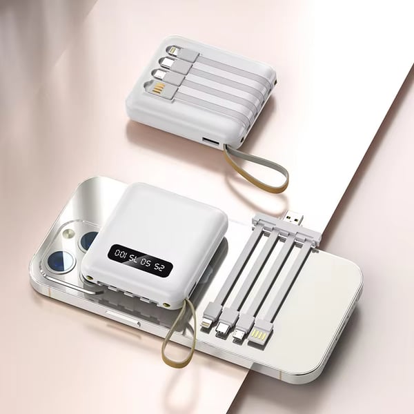 5000mAh Mini Power Bank med Innebygde Kabler | + Innebygd Lommelykt