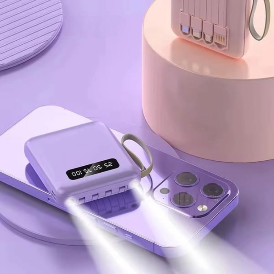 5000mAh Mini Power Bank med Innebygde Kabler | + Innebygd Lommelykt