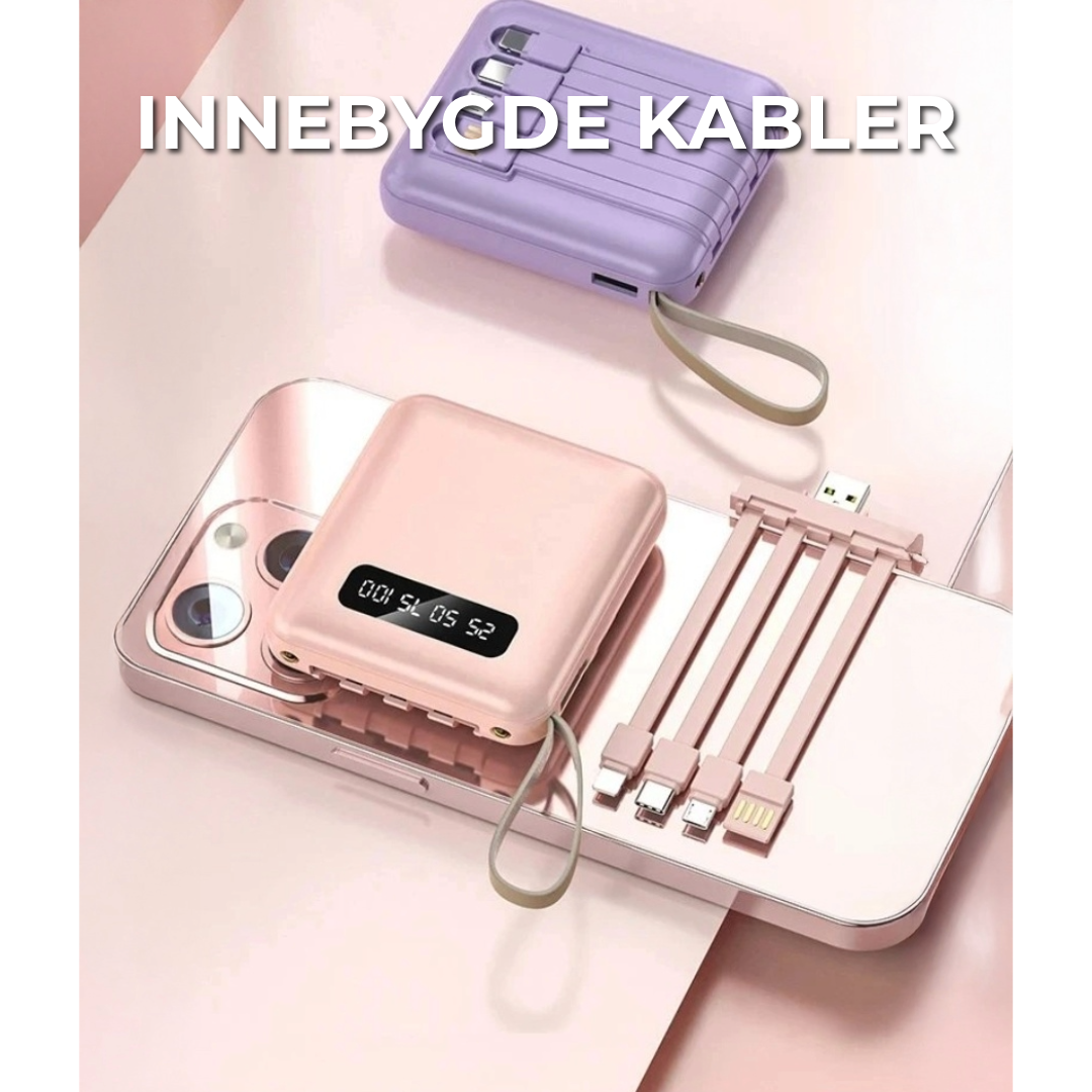 5000mAh Mini Power Bank med Innebygde Kabler | + Innebygd Lommelykt