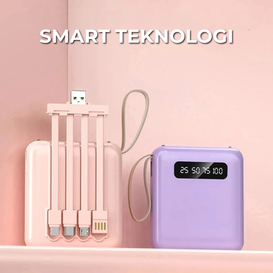 5000mAh Mini Power Bank med Innebygde Kabler | + Innebygd Lommelykt